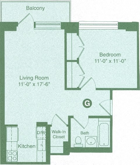 Floor plan for 1 bed, 1 bath